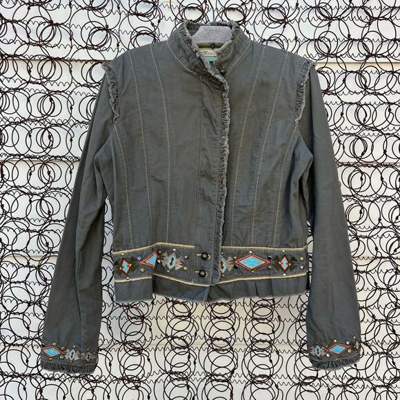 Miss Me Aztec Southwestern Stud Olive Canvas Military Jacket Ruffles LARGE - Picture 1 of 12